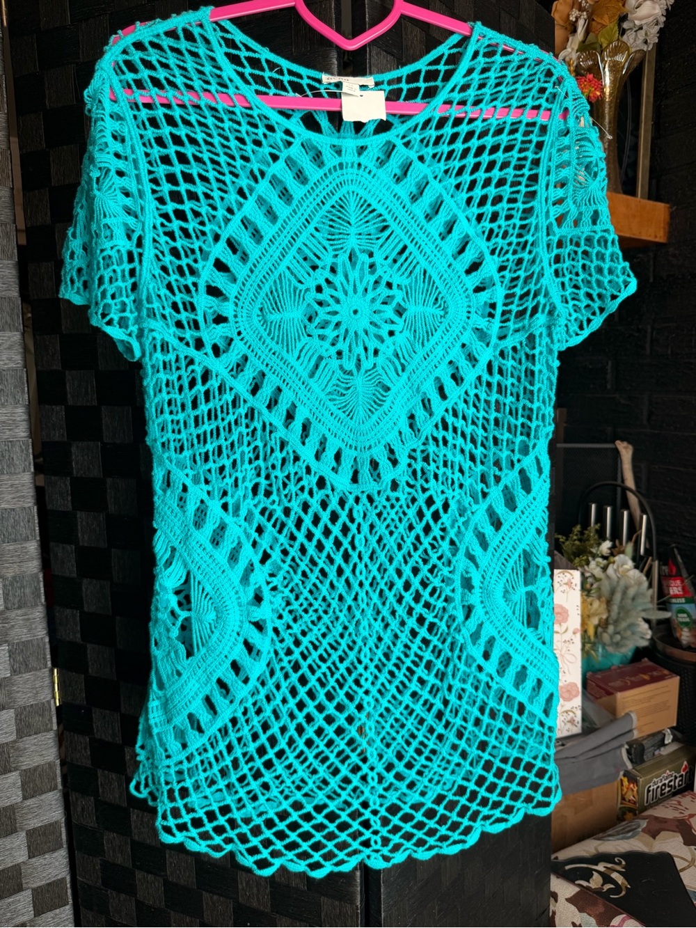 Cato Teal Open-Knit Crochet Swim Cover-Up Tunic